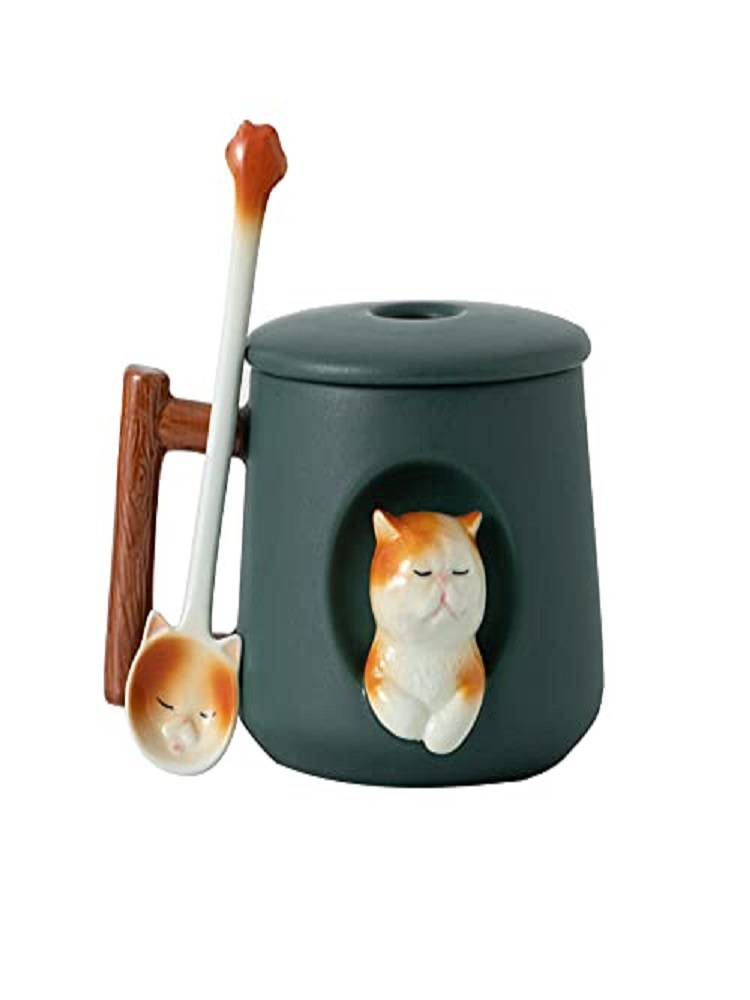 Adorable 3D Ceramic Cat Mug wi - Coffee Tea Spoon ulasan dan harga