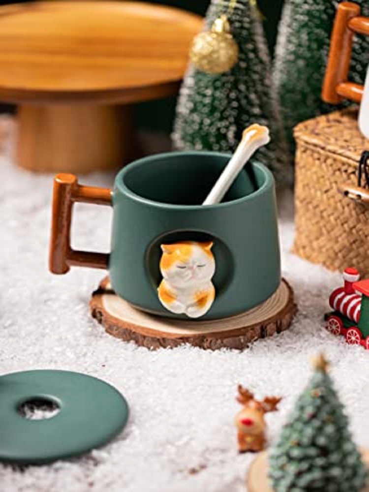 Adorable 3D Ceramic Cat Mug wi - Coffee Tea Spoon ulasan dan harga