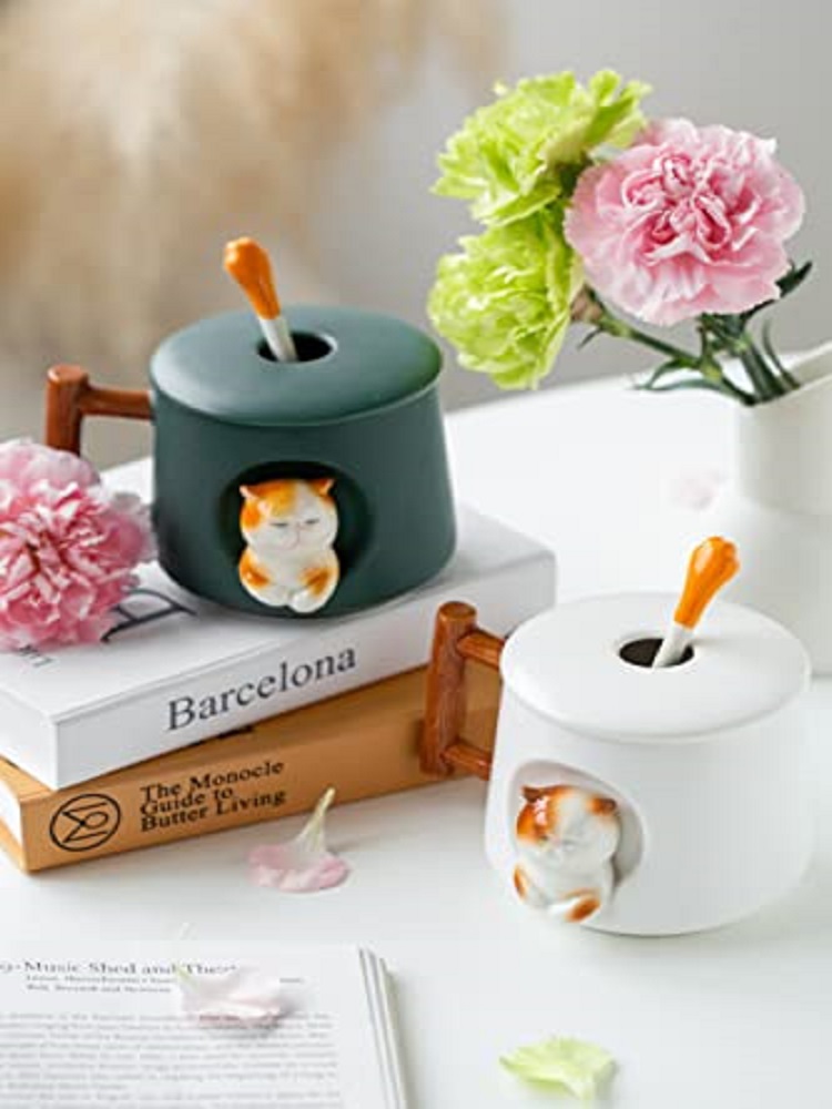 Adorable 3D Ceramic Cat Mug wi - Coffee Tea Spoon ulasan dan harga